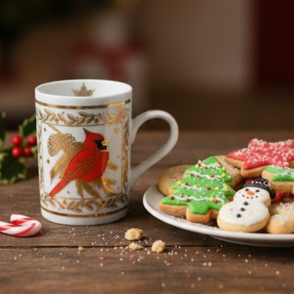 Vintage Nordic Gold Capilano Red Cardinal Mug - Gold Star Accents